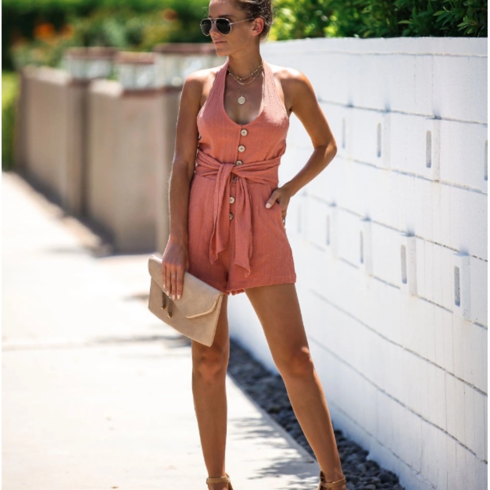 SUBLIME COTTON POCKETED HALTER TIE ROMPER - TERRAC